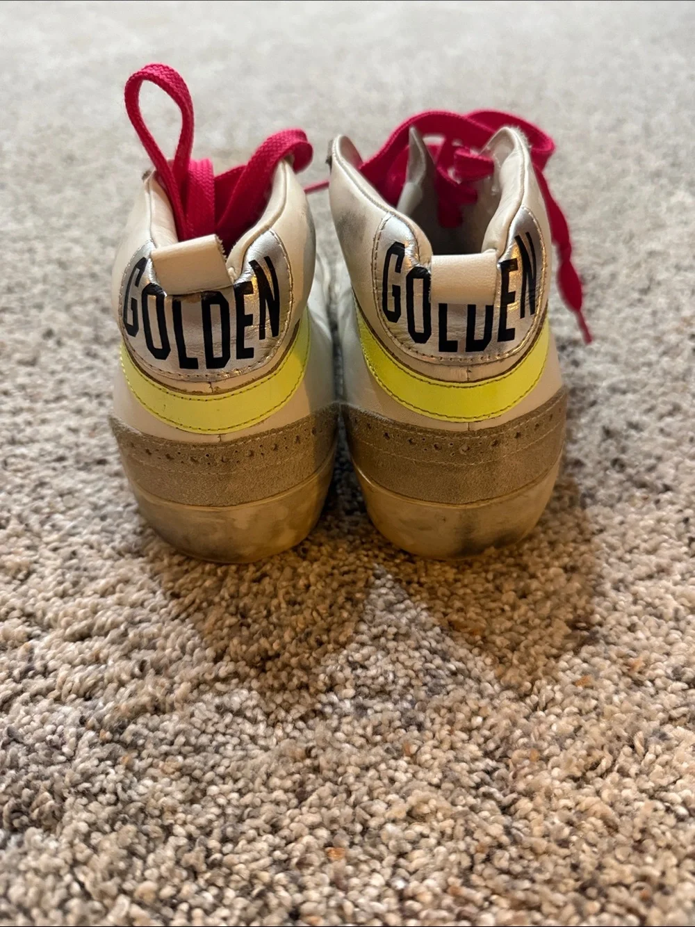 Golden Goose White Sneakers with Pink Laces and Neon Yellow Stripe